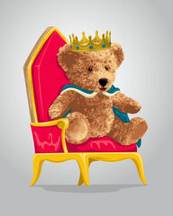 Canvas Print - Vector illustration of bear doll with crown sitting on throne