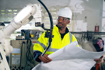 Poster - African American factory worker working with adept robotic arm in a workshop . Industry robot programming software for automated manufacturing technology .