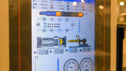 Touch screen of industrial machine for plate making. Monitor of modern factory machine.