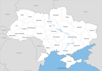  ウクライナの州境のある地図、近隣国、英語の地名