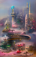 City Skyline At Night, Futuristic Space Base On Alien Planet, Digital Illustration