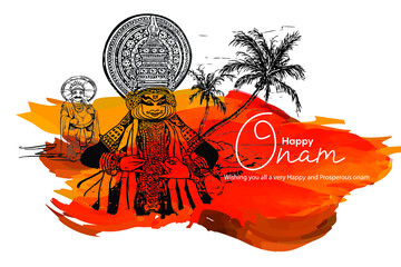 Wall Mural - Happy onam Kathakali dancer face background for traditional festival of Kerala