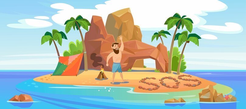 Wall Mural - A man with a beard waving, looking for help on an uninhabited tropical island in the ocean after a wreck. A bonfire, a tent and an SOS signal made of stones. Cartoon style vector illustration.