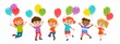 © Microstocker.Pro - A happy group of kids with colorful balloons in their hands celebrating a birthday. Boys and girls are jumping and dancing at a party. Cartoon style vector illustration isolated on white background.