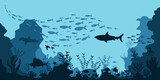 Fototapeta Las - silhouette of coral reef with fish  on blue sea background underwater vector illustration