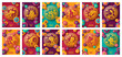Chinese zodiac signs in circles, paper cut colorful flowers, posters set. Vector illustration. Place for your Text. 2023 New year of Rabbit