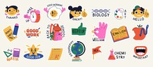 Collection Of School Stickers For Study And Daily Routine. School Day Planning Stickers With Trendy Lettering And Elements. Back To School Sticker Pack Vector Set.