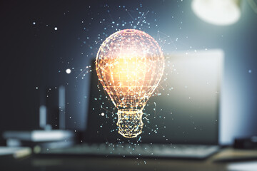 double exposure of creative light bulb hologram on laptop background, research and development conce