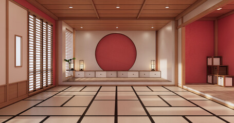 Sticker - The interior color Red room inteior with tatami mat floor.3D rendering