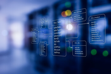 An example of the structure of relational database tables for storing data for analysis and server room background. Concept of data warehouse, Database OLAP Cube Server, Analysis, SQL, 3D rendering.