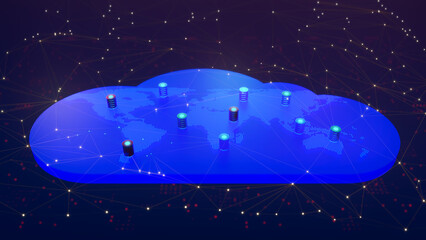 Wall Mural - multiple database is placed on cloud digital dotted world map. concept of a cloud database storage n