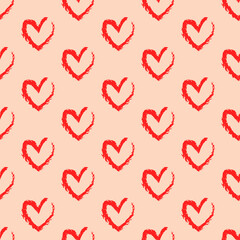 Wall Mural - Pattern of crayon hearts hand drawn vector sketch. Seamless heart art background hand drawn by wax crayon drawing. Romantic symbols for love greeting valentines elements.