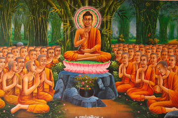 painting depicting buddha teaching to monks