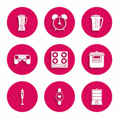 Sticker - Set Gas stove, Smart watch showing heart beat rate, Double boiler, Slow cooker, Blender, Gamepad, Measuring cup and icon. Vector