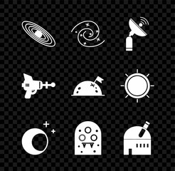 Wall Mural - Set Planet, Black hole, Radar, Moon and stars, Alien, Astronomical observatory, Ray gun and with flag icon. Vector