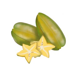 Star fruit of a carambola or starfruit (starfruit) with slice of star fruit and leaves isolated on a white background.