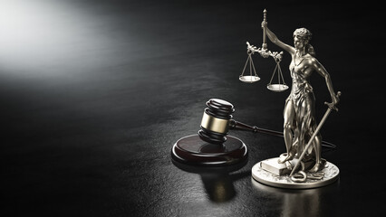 law legal system justice crime and violence concept. themis and gavel. 3d render illustration