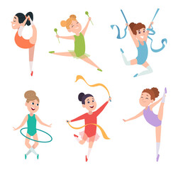 Wall Mural - Gymnastics kids. Active style little sport people acrobatic performance exact vector cartoon characters