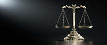 Law Legal System Justice Crime Concept. Scales On Black Background. 3d Render Illustration