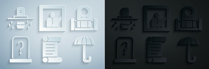 Sticker - Set Decree, parchment, scroll, Grave with tombstone, Umbrella, Mourning photo frame and coffin icon. Vector