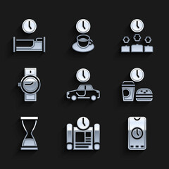 Wall Mural - Set Time to travel, Project time plan, Alarm clock app mobile, Fast food, Old hourglass with sand, Wrist watch, Management and sleep icon. Vector