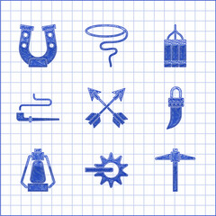 Sticker - Set Crossed arrows, Spur, Pickaxe, Tooth, Camping lantern, Smoking pipe, Dynamite bomb and Horseshoe icon. Vector