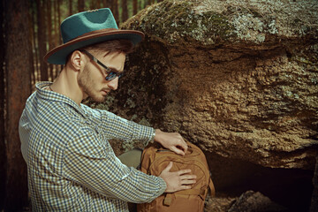 Canvas Print - backpacker in forest