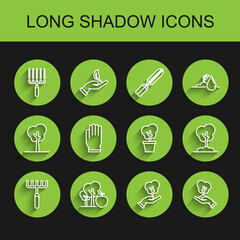 Sticker - Set line Garden rake, Tree with apple, in work, hand of environmental protection, gloves, the ground and pot icon. Vector