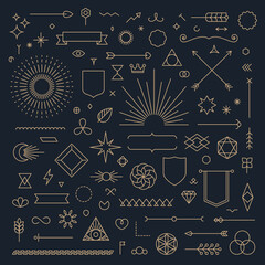 Set of linear thin line art deco retro vintage design elements. Geometric shapes, Outline symbols