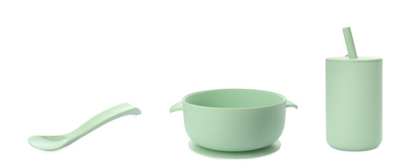 silicone spoon, bowl and sippy cup on white background, banner design. serving baby food