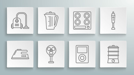 Wall Mural - Set line Electric iron, Measuring cup, fan, Music player, Double boiler, Gas stove, Blender and Vacuum cleaner icon. Vector