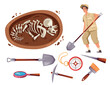 Archaeologists excavating dinosaur fossil triceratops concept set. Graphic design element illustration