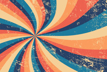 Groovy Retro Starburst Sunburst Background Pattern In Grunge Textured Vintage Color Palette Of Blue Orange And Beige White With Spiral Or Swirled Radial Striped Design, Old 60s Hippy Background Vector
