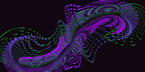Neon green and purple abstract swirl on black background. Optical illusion. Innovation technology. Trippy digital screen. Luxury Backdrop. Banner. Template. NFT card. Virtual reality. Glitch art. VR