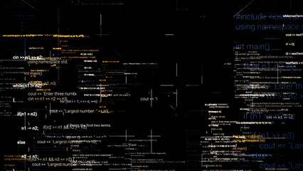 Wall Mural - abstract flight through moving computer code on black background with 3d effect. animation. lines of