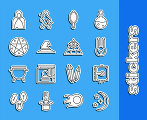 Set line Moon and stars, Ancient magic book, Rabbit with ears, Magic hand mirror, Witch hat, Pentagram in circle, Mantle, cloak, cape and Masons icon. Vector