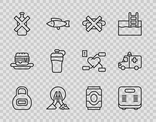 Sticker - Set line Kettlebell, Bathroom scales, No junk food, Meditation, alcohol, Fitness shaker, Soda can and Ambulance and emergency car icon. Vector