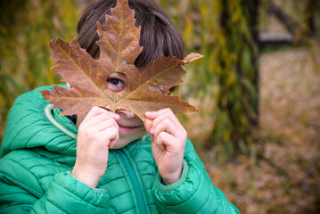 Wall Mural - The boy looking through the hole heart-shaped in the maple leaf.