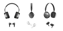 Set Of Realistic Wireless Earphones Headphones Mobile Electronic Gadget. Modern Bluetooth Headset