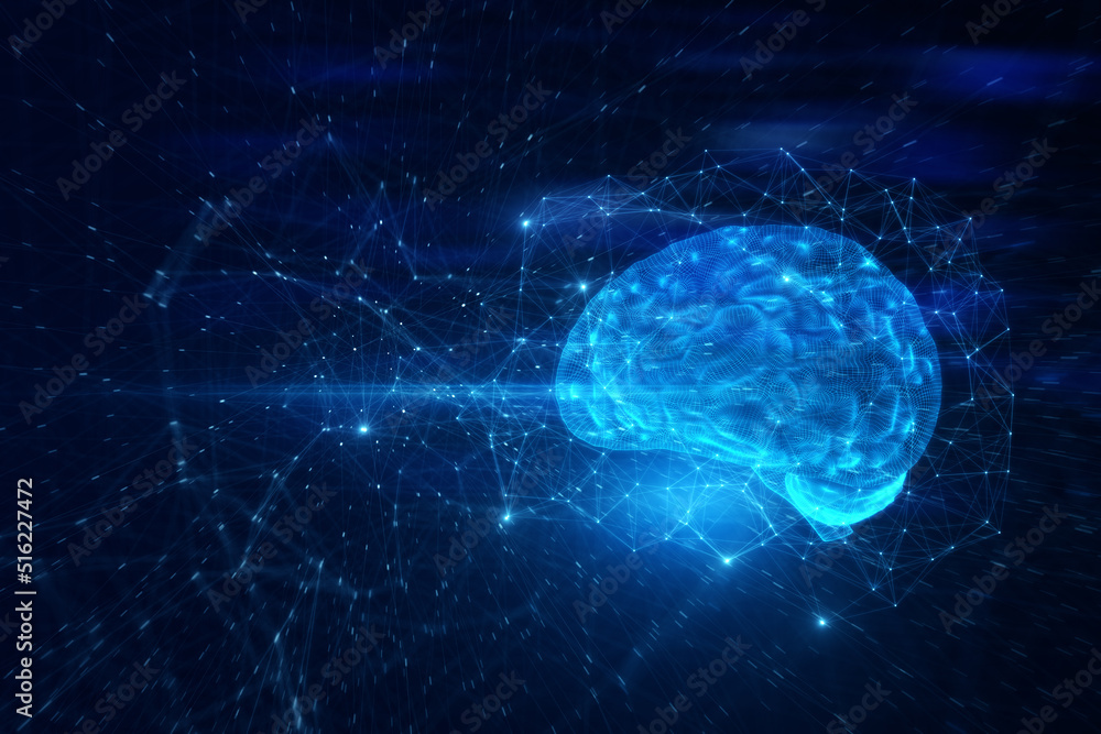 Abstract blue polygonal brain hologram on blurry wallpaper. AI and ...