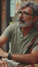VERTICAL VIDEO: Thoughtful Middle-aged Man With Gray Hair And Beard, Wearing Casual Clothes, Sits In Street Cafe. Mature Gentleman In Eyeglasses Is Resting While Waiting For Coffee Cups