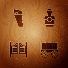 Wall Mural - Set Wild west covered wagon, Revolver gun in holster, Saloon door and Tequila bottle on wooden background. Vector