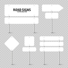 Wall Mural - Various road, traffic signs. Highway signboard on a chrome metal pole. Blank white board with place for text. Directional signage and wayfinder. Information sign mockup. Vector illustration