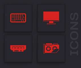 Poster - Set Video graphic card, Keyboard, Computer monitor screen and RAM, random access memory icon. Vector