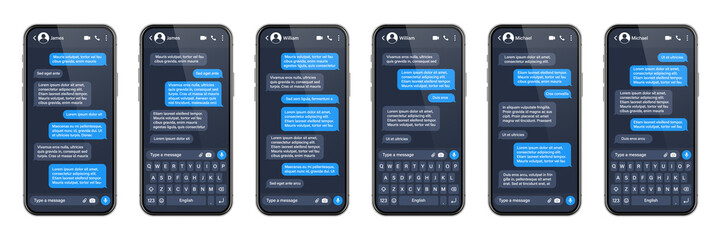 Realistic smartphone with messaging app. SMS text frame. Conversation chat screen with blue message bubbles and placeholder text. Social media application. Vector illustration.