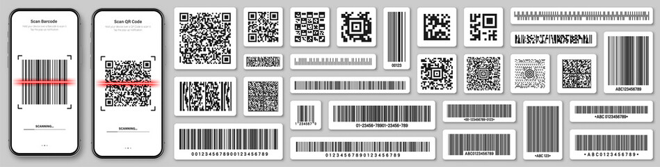 Product barcodes and QR codes. Smartphone application, scanner app. Identification tracking code. Serial number, product ID with digital information. Store, supermarket scan labels, vector price tag.