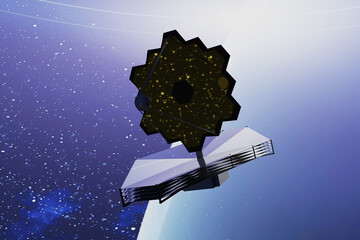 Wall Mural - james webb telescope somewhere in extreme deep outer space near blue planet. 3d rendered illustratio