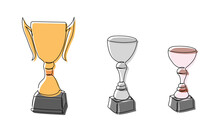 Winners Goblets Colored One Line Art. Continuous Line Drawing Of Sport, Award, Distinction, Victory, Trophy, First, Gold, Silver, Bronze, Championship, Tournament, Triumph, Competition, Color.