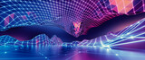 Fototapeta  - 3d render, abstract geometric background, virtual reality environment, cyber space landscape with mountains. Mesh surface glowing with neon light