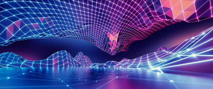 Wall Mural -  - 3d render, abstract geometric background, virtual reality environment, cyber space landscape with mountains. Mesh surface glowing with neon light